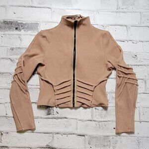 BBXBRAND Luxury Brown Ribbed Zip-Up Cropped Long Sleeve Top